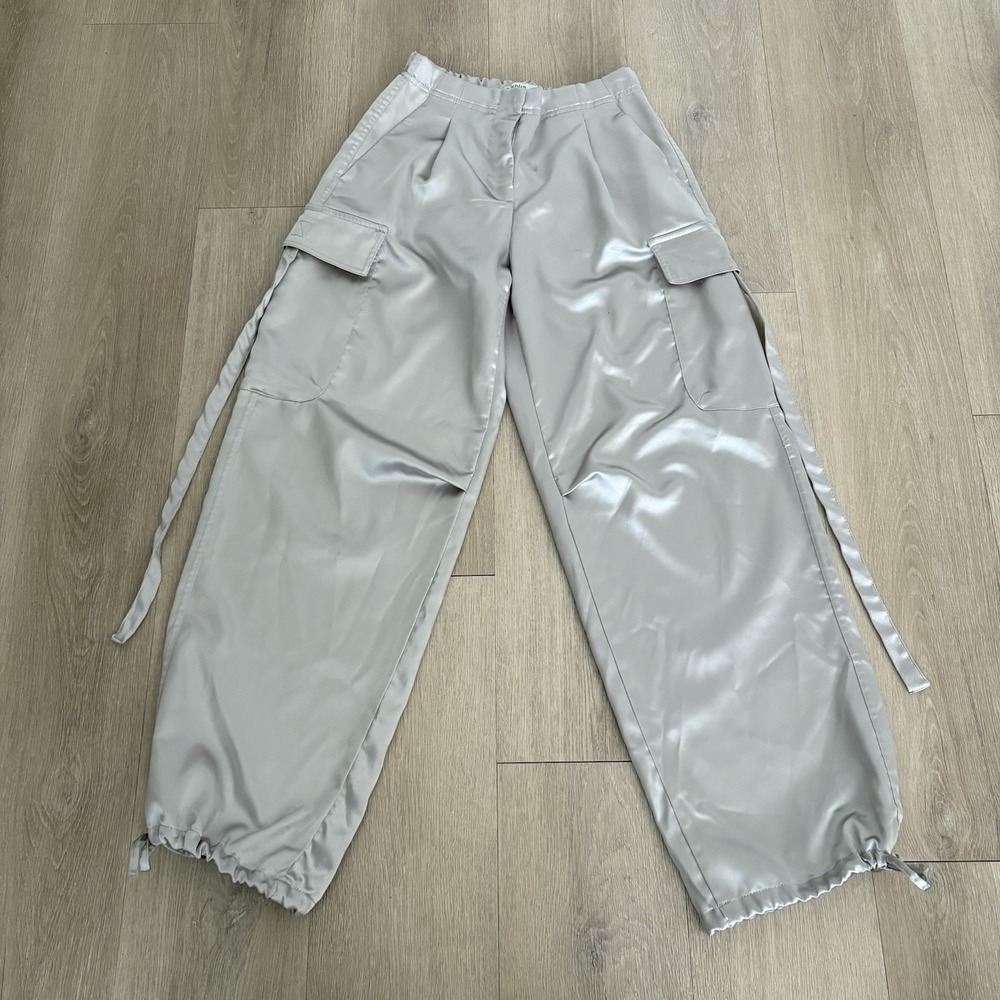 ASOS Bershka Womens Pants Size XS Pale Gray Satin Cargo Wide Leg Elastic Waist